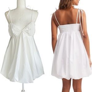 NWT Camila Coelho White Poplin Twist Bow Tie Shoulder Bubble Mini Dress - M